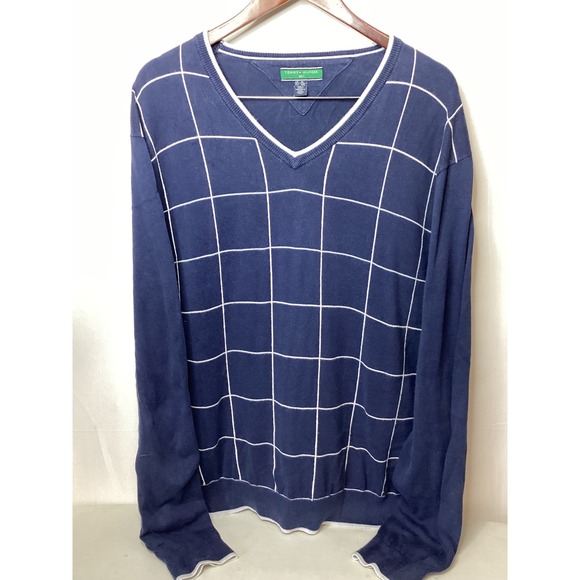 Tommy Hilfiger‎ Golf Sweater Mens XL Blue White Grid V Neck Pullover - Picture 3 of 13